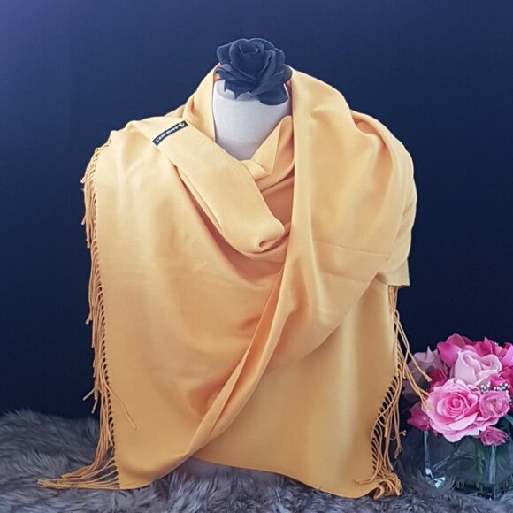 Vintage Golden Yellow Cashmere Pashmina Wrap Evening Shawl Christmas Gift - Picture 5 of 6
